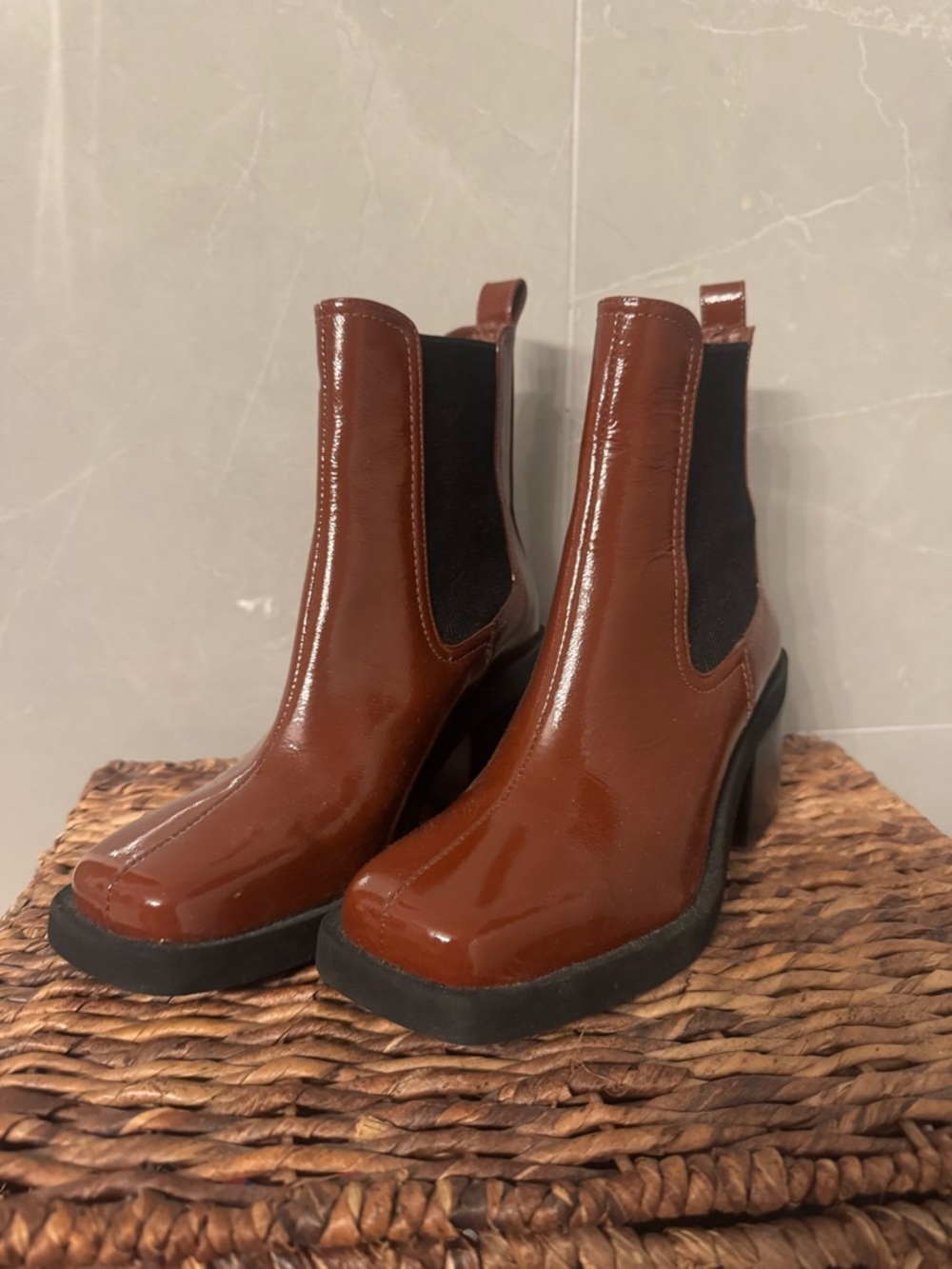 Women’s Brown Patent Chelsea Booties with Block Heel